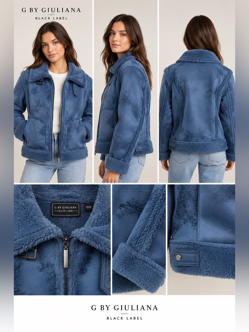 G by Giuliana Black Label Blue Faux Shearling Aviator Jacket | Sherpa | Small